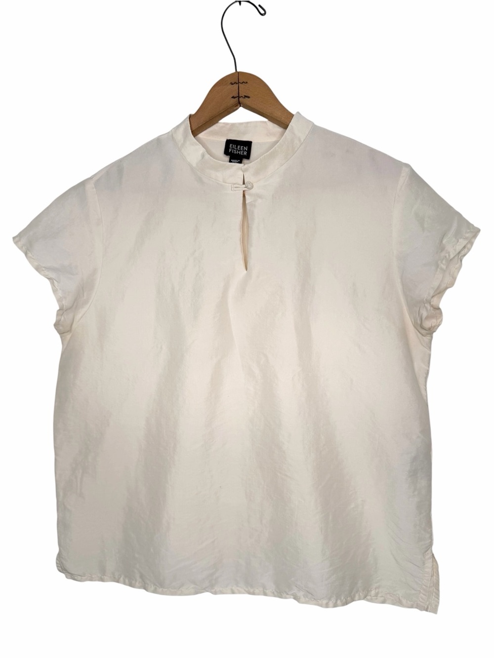 Eileen Fisher Cream Manderin Collar Short Sleeve Silk Top Size Medium